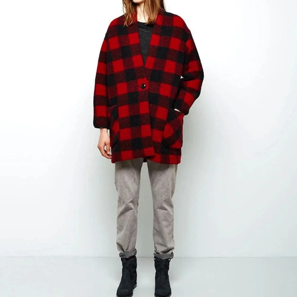 Isabel Marant Etoile Gabrie Plaid Wool Coat Red Black Women's Size 42 - Picture 1 of 3
